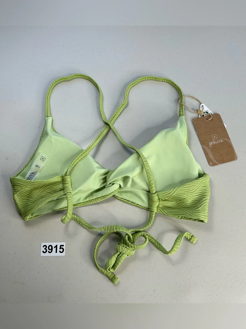 Berlook Small Light Green Textured Twist Cross Back Bikini Top New